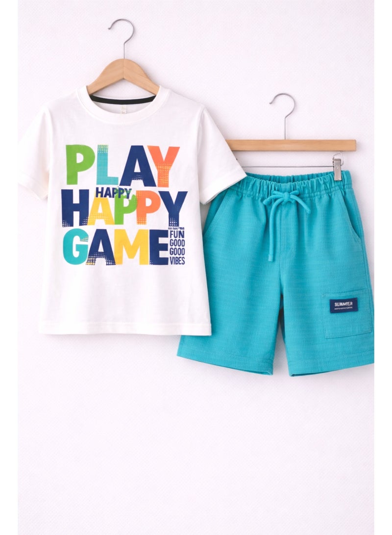 victor and jane Boys’ 2-Piece Set – “Play Happy Game” Graphic T-Shirt & Textured Shorts - Image 3